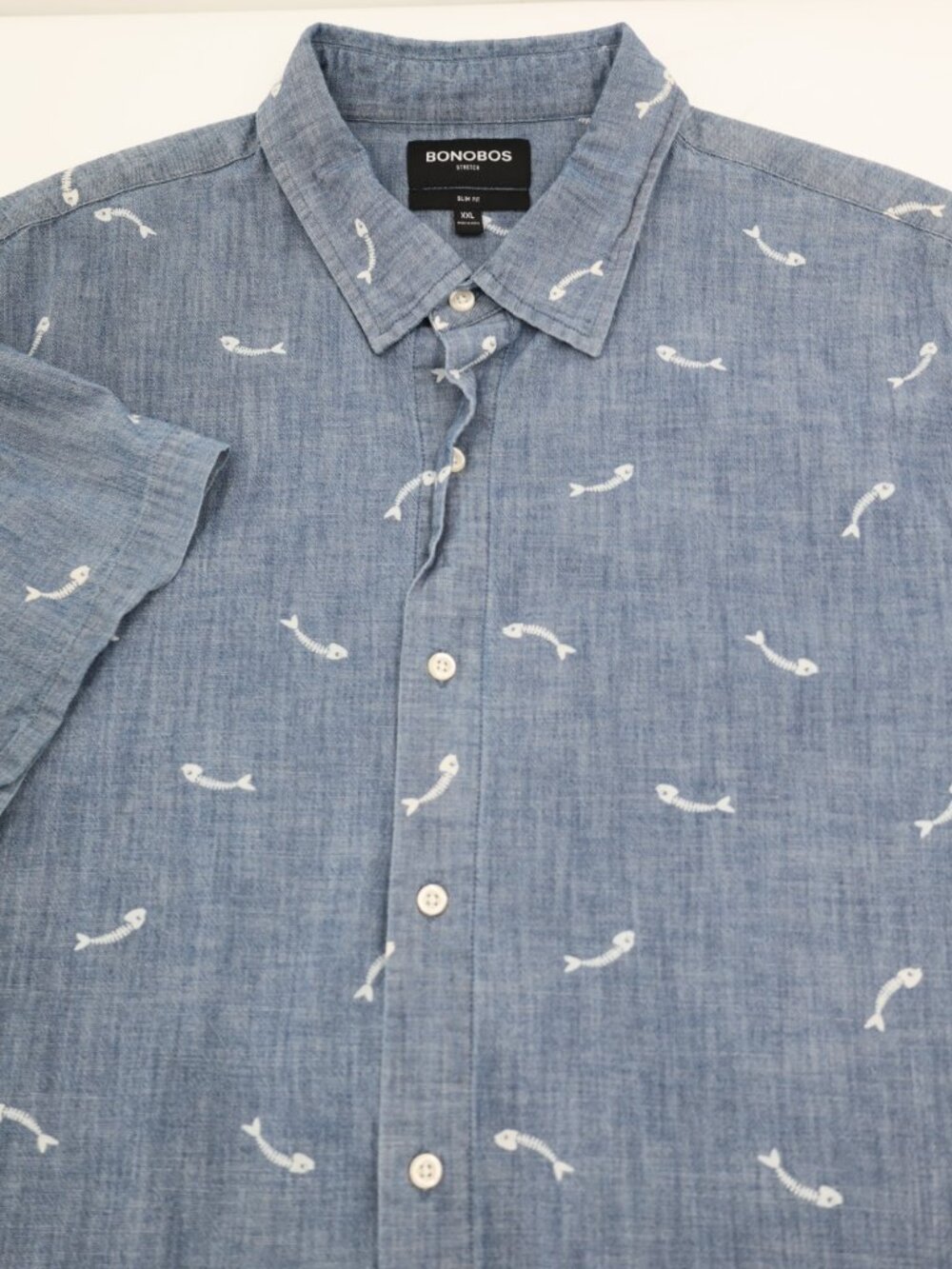 Bonobos Shirt Mens 2XL Chambray Fish Bone Riviera Slim Fit Short Sleeve Stretch